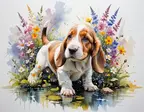 playful-basset-hound-puppy-in-a-sunlit-river-garden-in-a-vibrant-garden-where-flowers-weave-between-